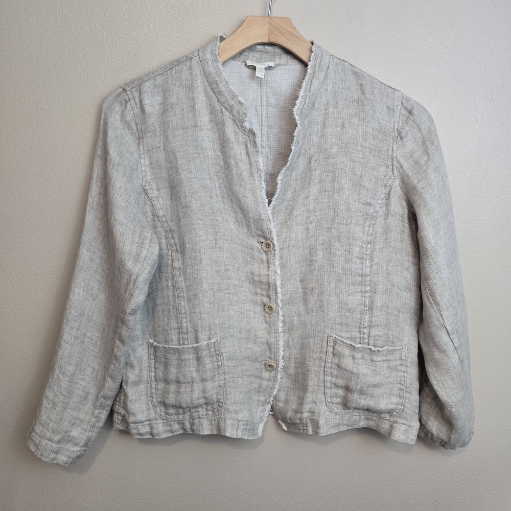 Eileen Fisher Organic Linen Blazer Frayed Edge Natural Beige Size XL
